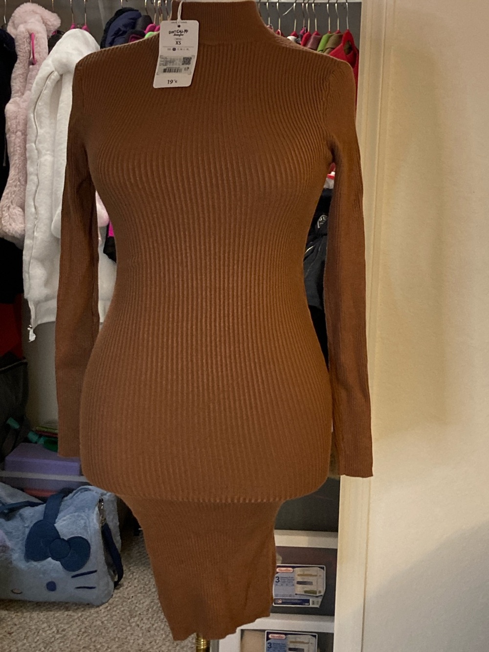 Forever 21 Brown Ribbed Mock Neck Long Sleeve Bodycon Dress